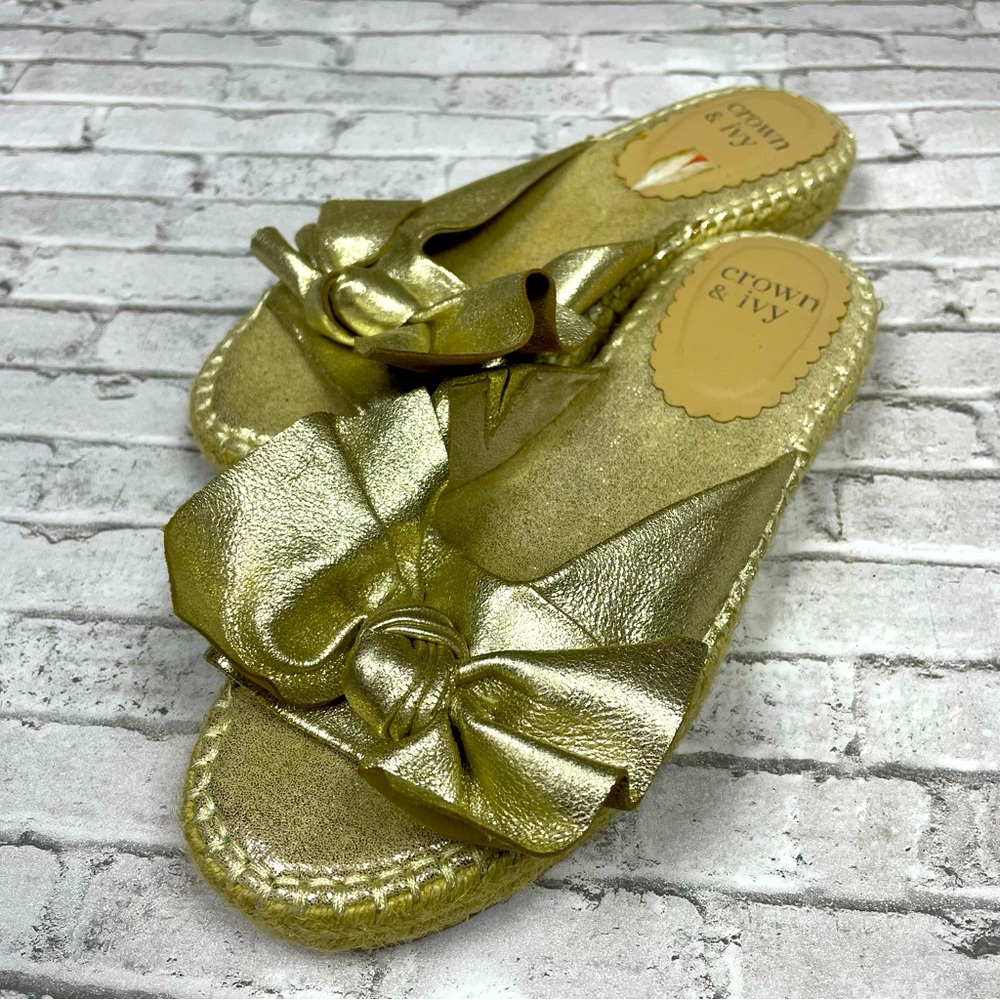 Crown & Ivy Womens Keisha Metallic Bow Espadrille Slide Sandals Sz 7 Preppy Gold - Picture 4 of 10